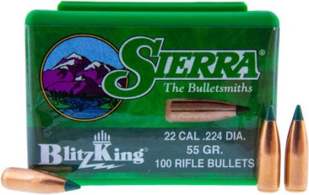 Sierra Bullets .22 Cal .224 (Option: 55Gr Blitzking 100Ct)